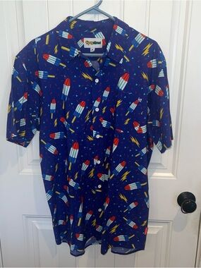 Tipsy Elves Men’s Navy Rocket Pop Short-Sleeve Button-Up Shirt-XL